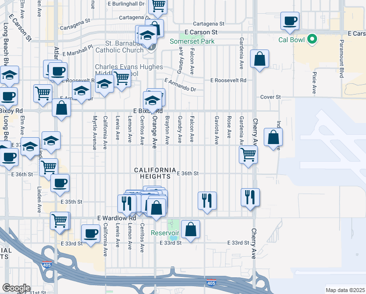 map of restaurants, bars, coffee shops, grocery stores, and more near 1400 East 37th Street in Long Beach