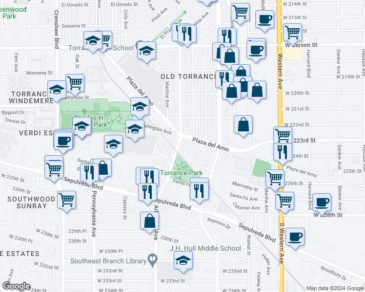 map of restaurants, bars, coffee shops, grocery stores, and more near 2422 Arlington Avenue in Torrance