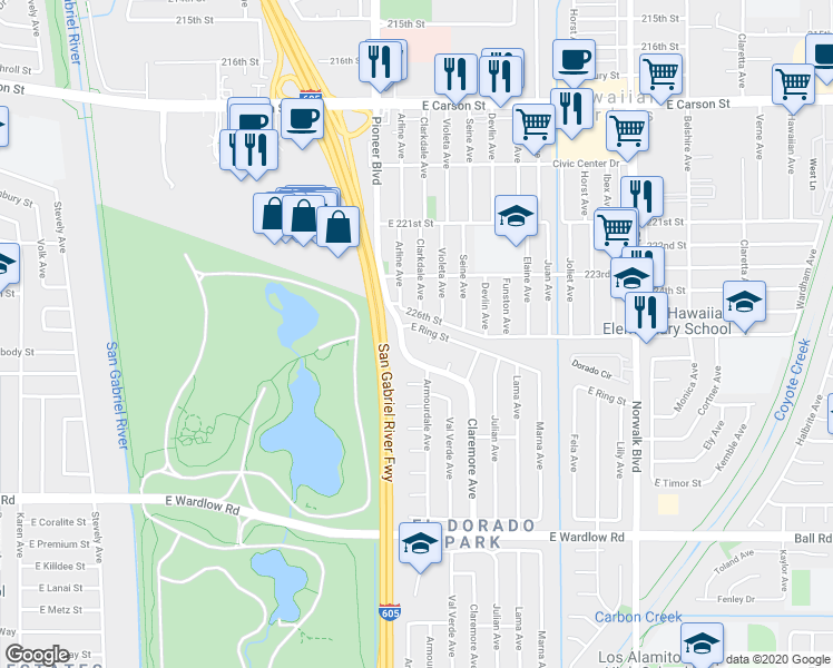 map of restaurants, bars, coffee shops, grocery stores, and more near 7830 East Ring Street in Long Beach