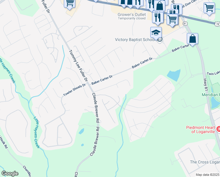 map of restaurants, bars, coffee shops, grocery stores, and more near 117 Jacobs Lane in Loganville