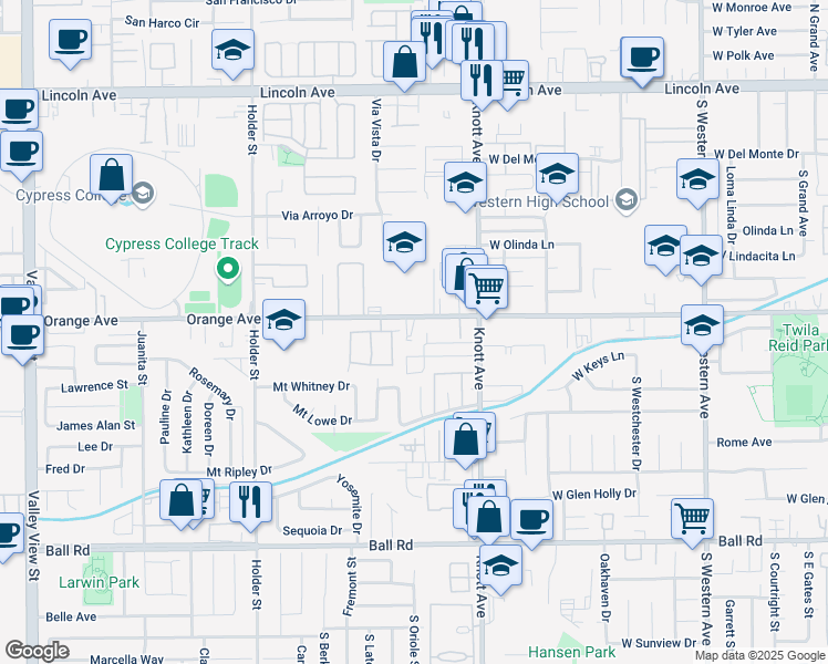 map of restaurants, bars, coffee shops, grocery stores, and more near 3700 West Orange Avenue in Anaheim