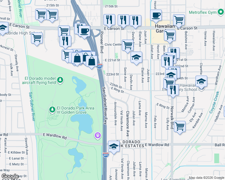 map of restaurants, bars, coffee shops, grocery stores, and more near 7830 East Ring Street in Long Beach