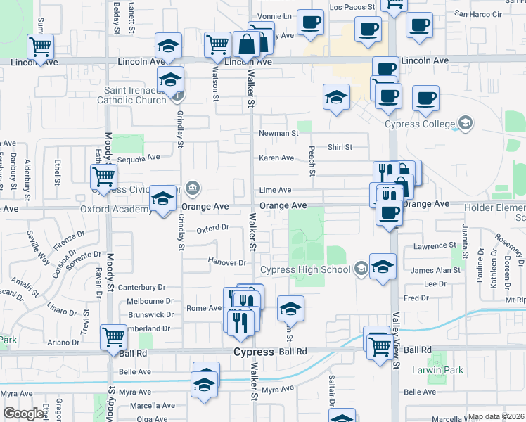 map of restaurants, bars, coffee shops, grocery stores, and more near 9542 Walker Street in Cypress