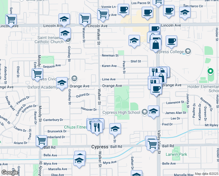 map of restaurants, bars, coffee shops, grocery stores, and more near 5586 Orange Avenue in Cypress