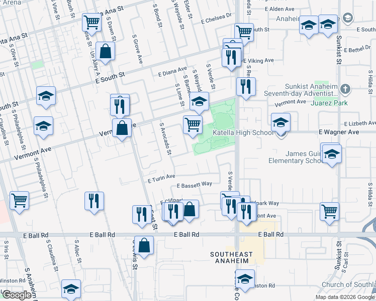 map of restaurants, bars, coffee shops, grocery stores, and more near 1020 South McCloud Street in Anaheim