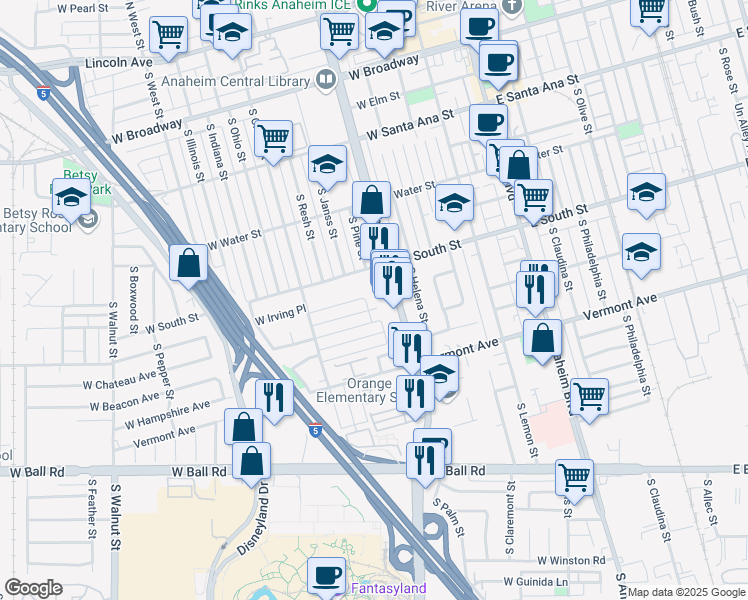 map of restaurants, bars, coffee shops, grocery stores, and more near 624 West Provential Drive in Anaheim