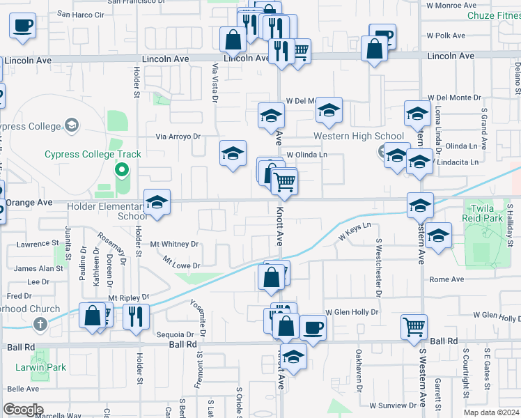 map of restaurants, bars, coffee shops, grocery stores, and more near 3533 West Mungall Drive in Anaheim