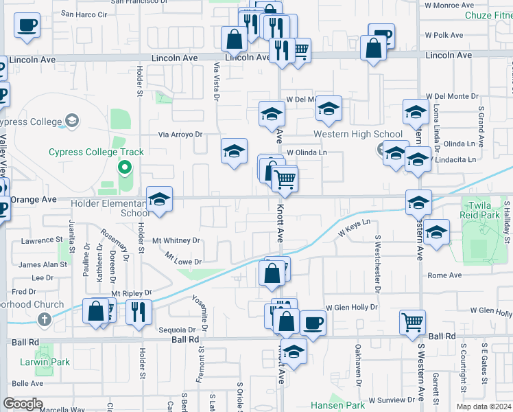 map of restaurants, bars, coffee shops, grocery stores, and more near 3533 West Mungall Drive in Anaheim