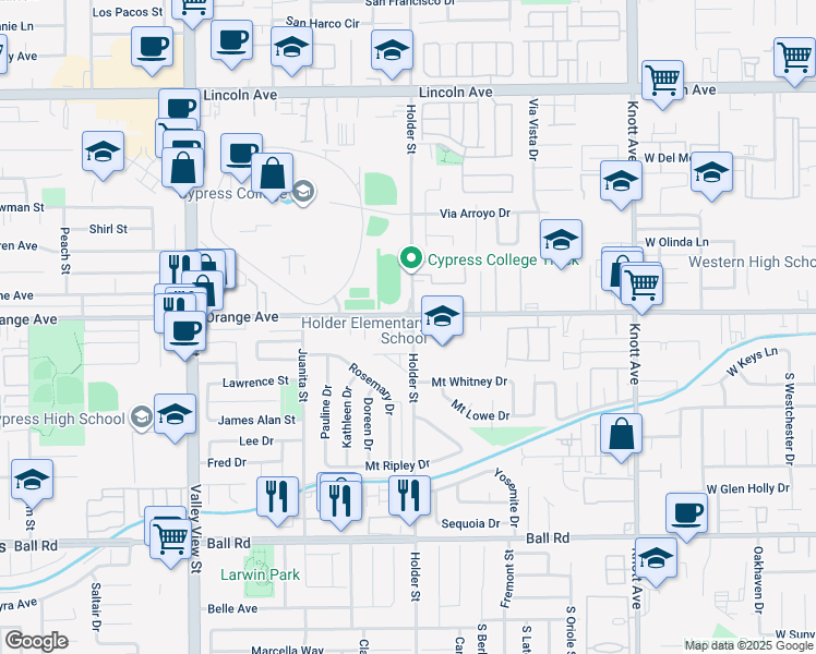 map of restaurants, bars, coffee shops, grocery stores, and more near 6471 Casa Verde Drive in Cypress