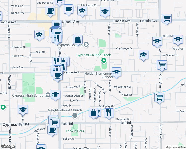 map of restaurants, bars, coffee shops, grocery stores, and more near 6291 Rosemary Drive in Cypress
