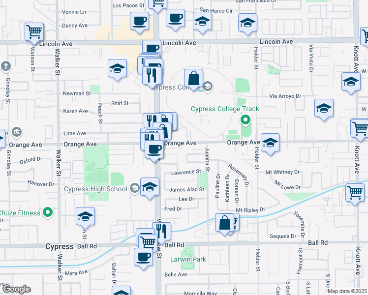 map of restaurants, bars, coffee shops, grocery stores, and more near 9567 Deborah Street in Cypress