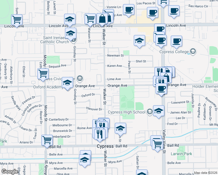 map of restaurants, bars, coffee shops, grocery stores, and more near 9542 Walker Street in Cypress