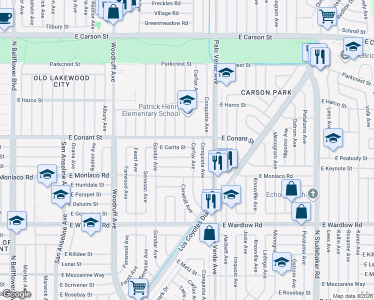 map of restaurants, bars, coffee shops, grocery stores, and more near in Long Beach