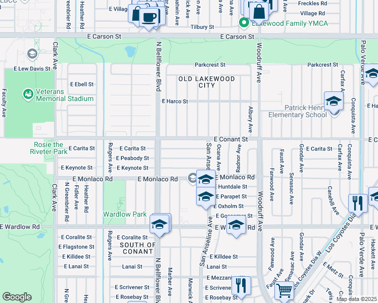 map of restaurants, bars, coffee shops, grocery stores, and more near 5620 East Peabody Street in Long Beach