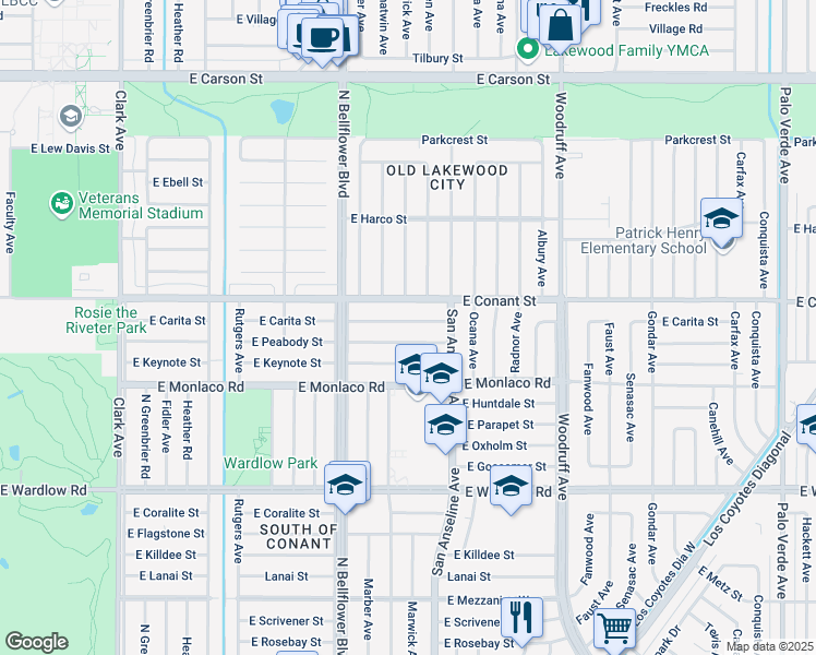 map of restaurants, bars, coffee shops, grocery stores, and more near 5620 East Peabody Street in Long Beach