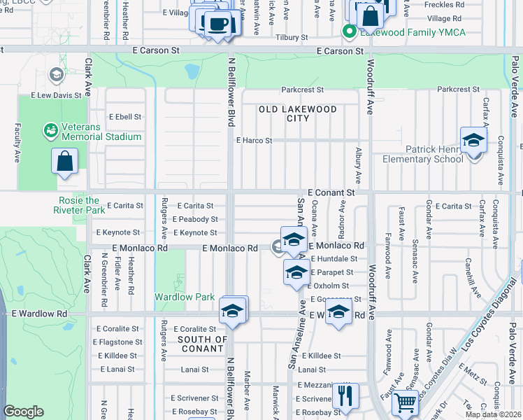 map of restaurants, bars, coffee shops, grocery stores, and more near 5540 East Peabody Street in Long Beach