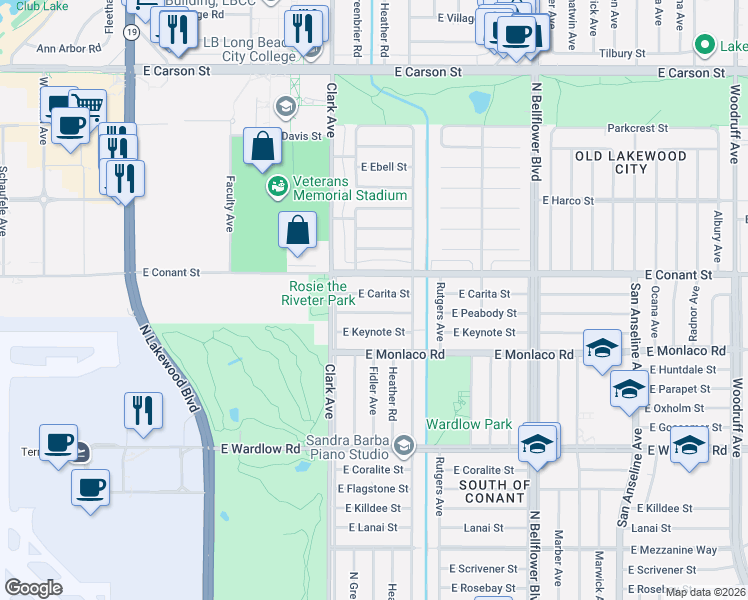 map of restaurants, bars, coffee shops, grocery stores, and more near 5134 East Peabody Street in Long Beach