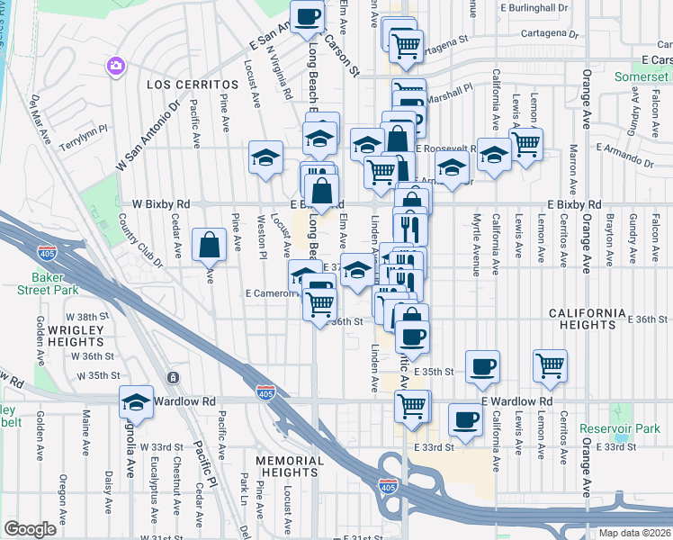 map of restaurants, bars, coffee shops, grocery stores, and more near in Long Beach