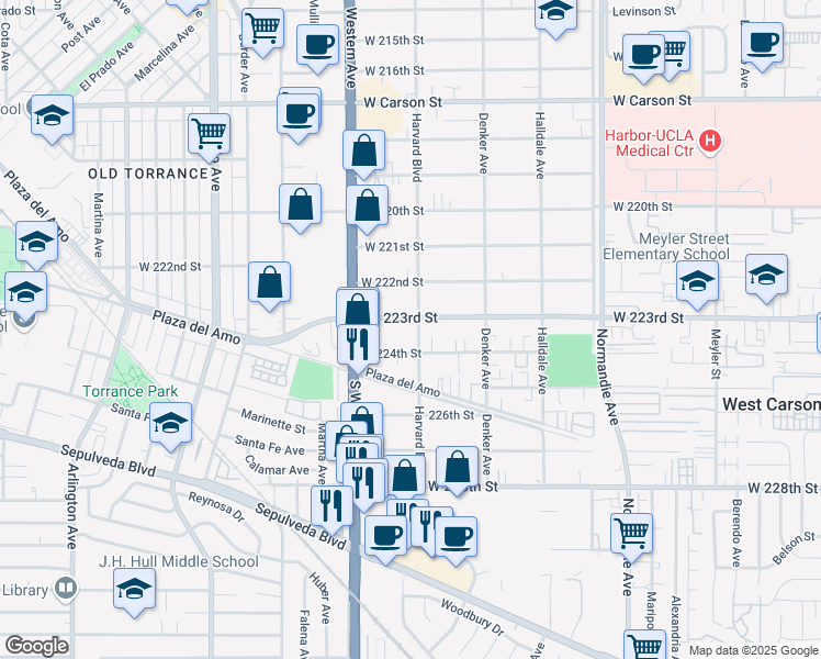 map of restaurants, bars, coffee shops, grocery stores, and more near 1603 West 224th Street in Torrance