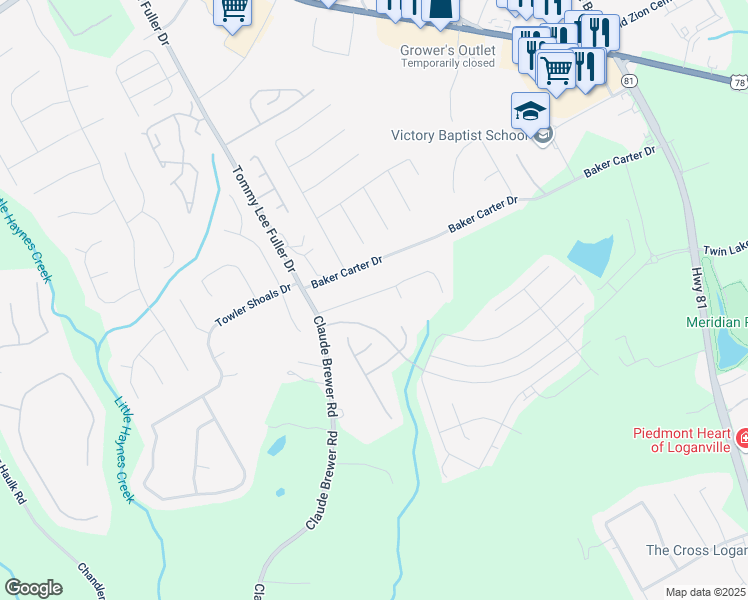 map of restaurants, bars, coffee shops, grocery stores, and more near 117 Jacobs Lane in Loganville