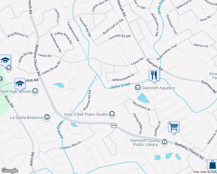 map of restaurants, bars, coffee shops, grocery stores, and more near 3950 Willowmeade Drive in Snellville