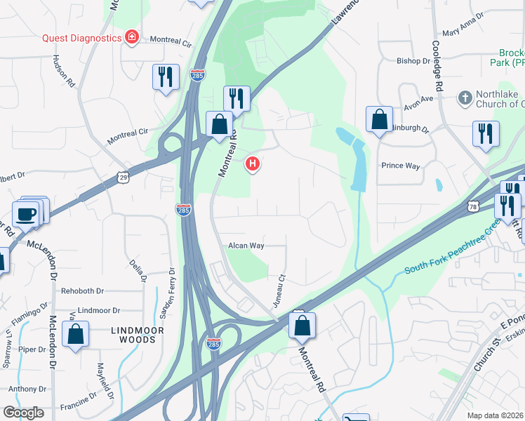 map of restaurants, bars, coffee shops, grocery stores, and more near 3446 Canadian Way in Tucker
