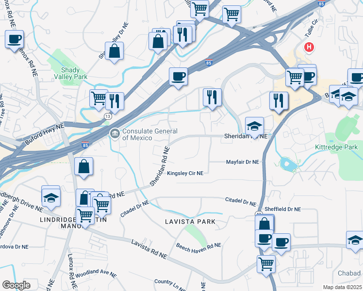 map of restaurants, bars, coffee shops, grocery stores, and more near 1409 Sheridan Road Northeast in Atlanta