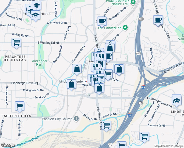 map of restaurants, bars, coffee shops, grocery stores, and more near 223 Morosgo Drive Northeast in Atlanta