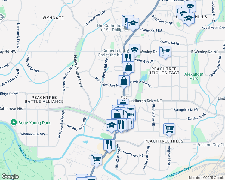 map of restaurants, bars, coffee shops, grocery stores, and more near 2520 Peachtree Road Northwest in Atlanta