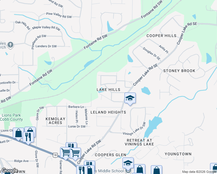map of restaurants, bars, coffee shops, grocery stores, and more near 64 Driskell Avenue Southwest in Mableton