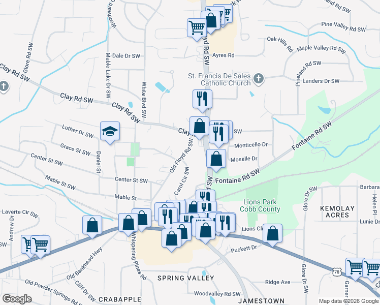 map of restaurants, bars, coffee shops, grocery stores, and more near 5349 Old Floyd Road Southwest in Mableton