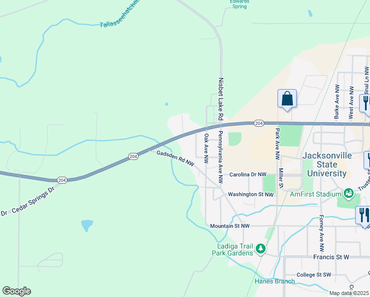 map of restaurants, bars, coffee shops, grocery stores, and more near 625 Gadsden Road Northwest in Jacksonville