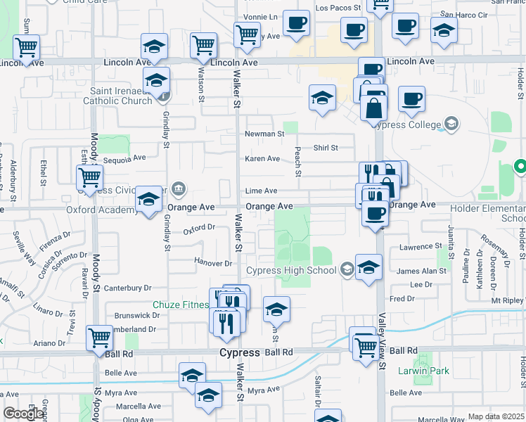map of restaurants, bars, coffee shops, grocery stores, and more near 5586 Orange Avenue in Cypress