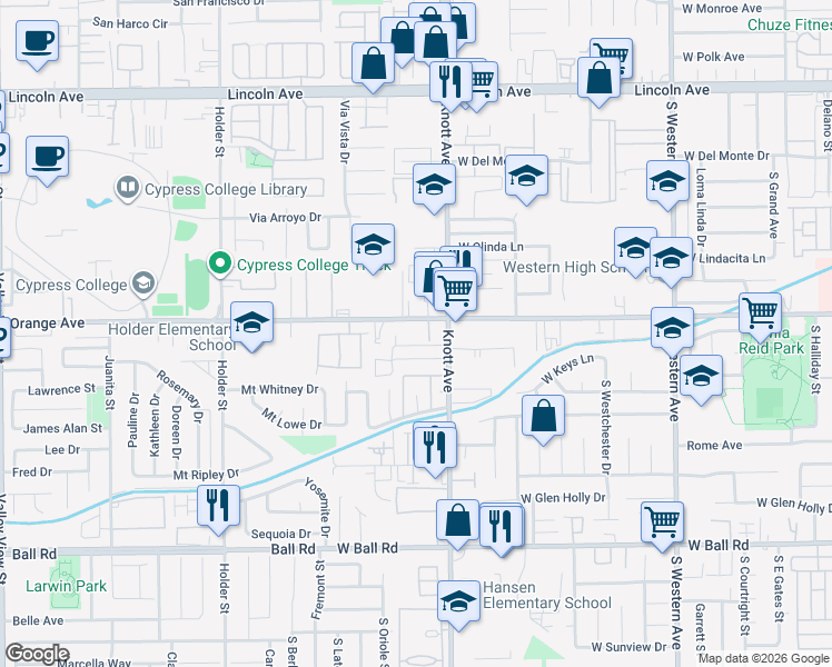 map of restaurants, bars, coffee shops, grocery stores, and more near 3602 West Orange Avenue in Anaheim