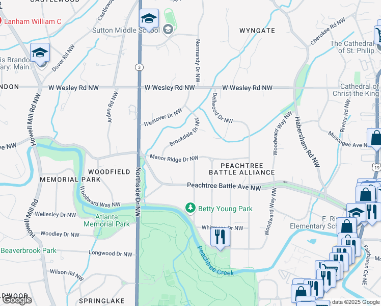 map of restaurants, bars, coffee shops, grocery stores, and more near 469 Manor Ridge Drive Northwest in Atlanta
