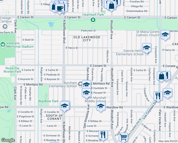 map of restaurants, bars, coffee shops, grocery stores, and more near 3662 San Anseline Avenue in Long Beach