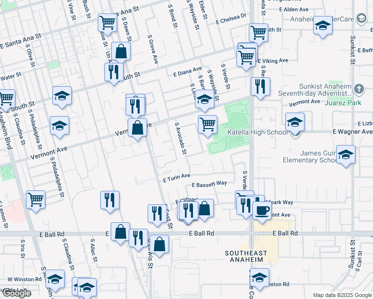 map of restaurants, bars, coffee shops, grocery stores, and more near 1400 East Pat Place in Anaheim