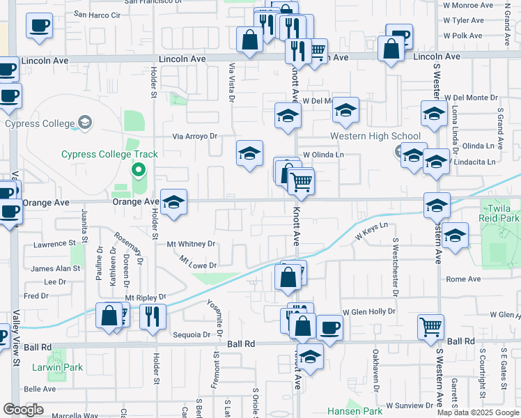 map of restaurants, bars, coffee shops, grocery stores, and more near 3700 West Orange Avenue in Anaheim