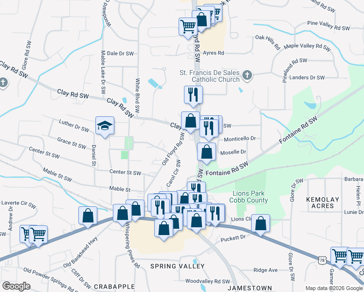 map of restaurants, bars, coffee shops, grocery stores, and more near 5349 Old Floyd Road Southwest in Mableton