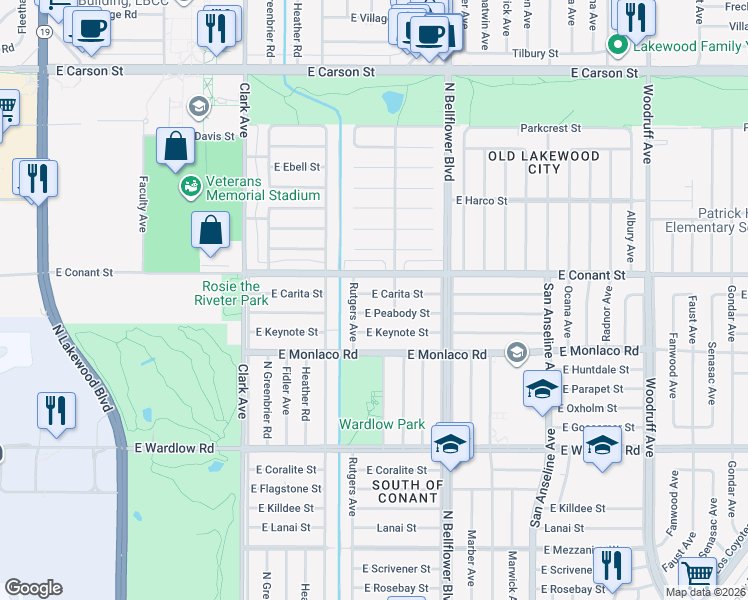 map of restaurants, bars, coffee shops, grocery stores, and more near 5330 East Peabody Street in Long Beach