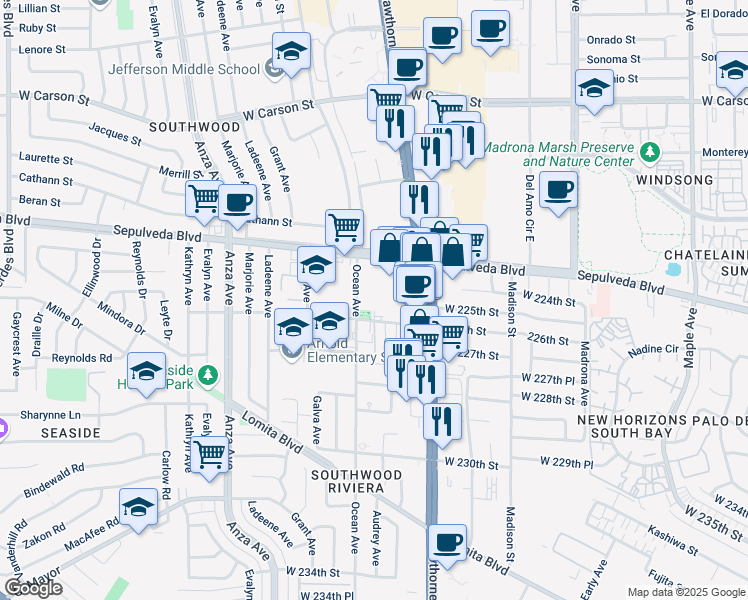 map of restaurants, bars, coffee shops, grocery stores, and more near 3863 226th Street in Torrance