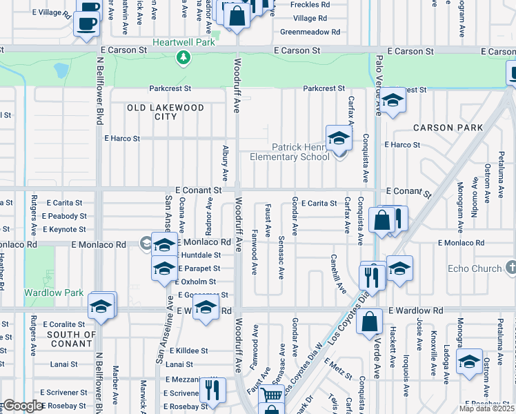 map of restaurants, bars, coffee shops, grocery stores, and more near 3664 Fanwood Avenue in Long Beach