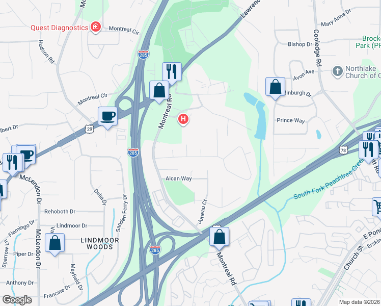 map of restaurants, bars, coffee shops, grocery stores, and more near 3446 Canadian Way in Tucker