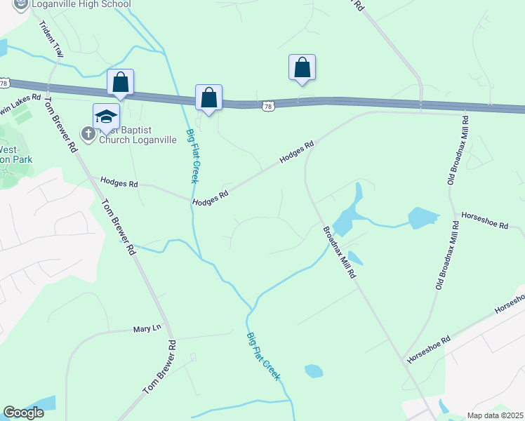 map of restaurants, bars, coffee shops, grocery stores, and more near 3197 Fieldcrest Road in Loganville