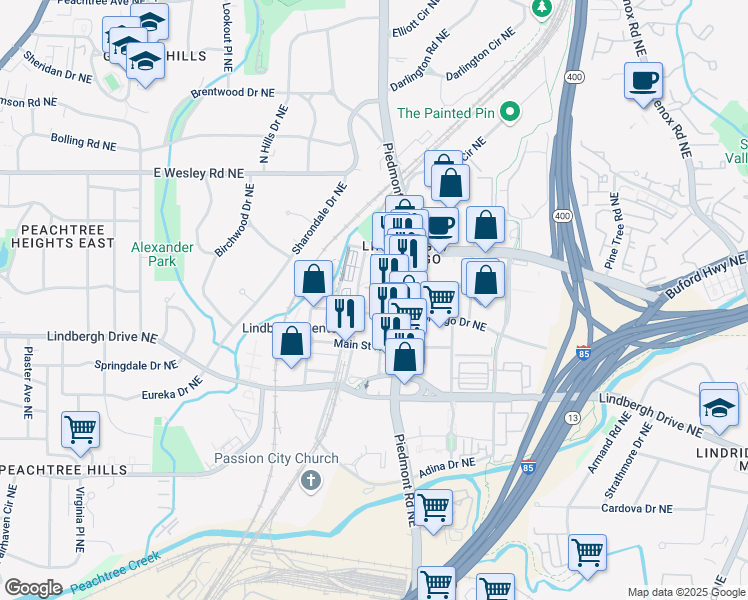 map of restaurants, bars, coffee shops, grocery stores, and more near 2424 Piedmont Road Northeast in Atlanta