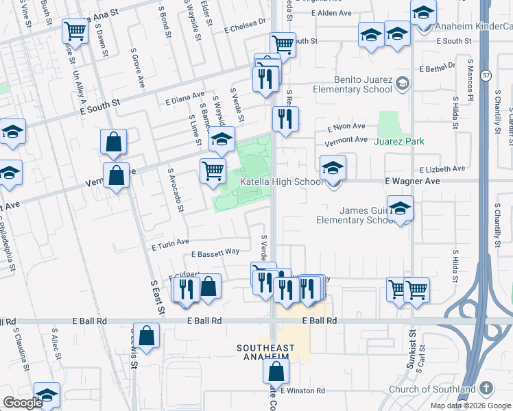 map of restaurants, bars, coffee shops, grocery stores, and more near 1921 East Cortney Way in Anaheim