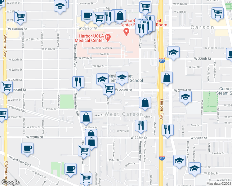 map of restaurants, bars, coffee shops, grocery stores, and more near 1028 West 223rd Street in Torrance