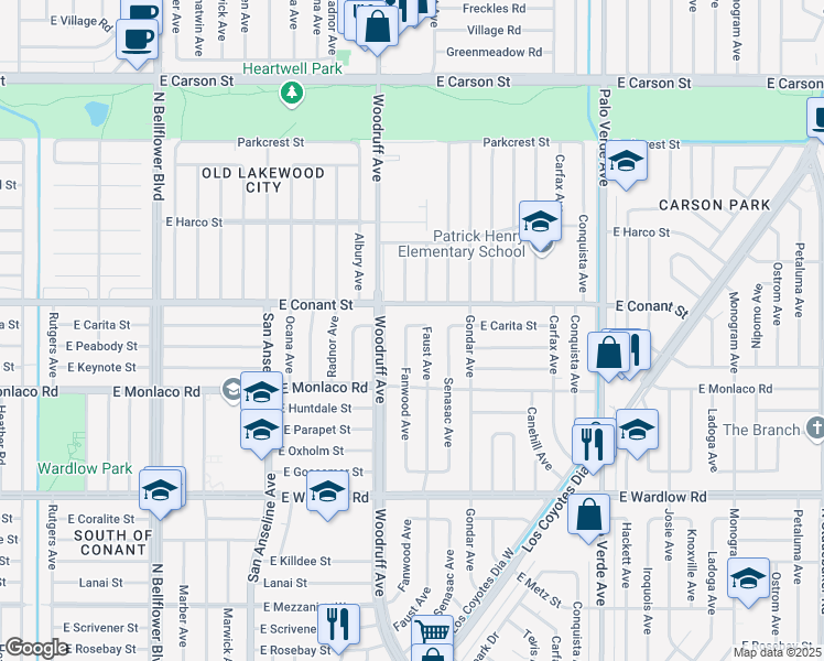 map of restaurants, bars, coffee shops, grocery stores, and more near 3664 Fanwood Avenue in Long Beach