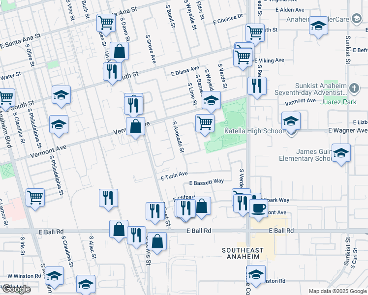 map of restaurants, bars, coffee shops, grocery stores, and more near 1400 East Pat Place in Anaheim