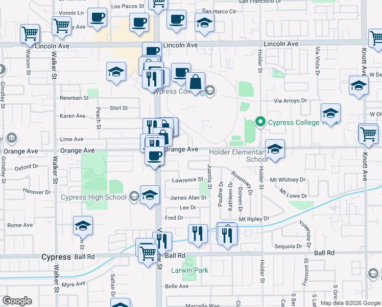 map of restaurants, bars, coffee shops, grocery stores, and more near in Cypress